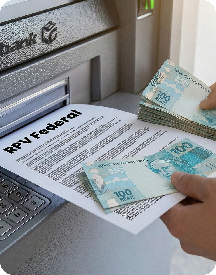 Mão segura RPV Federal e notas de 100 reais em caixa eletrônico