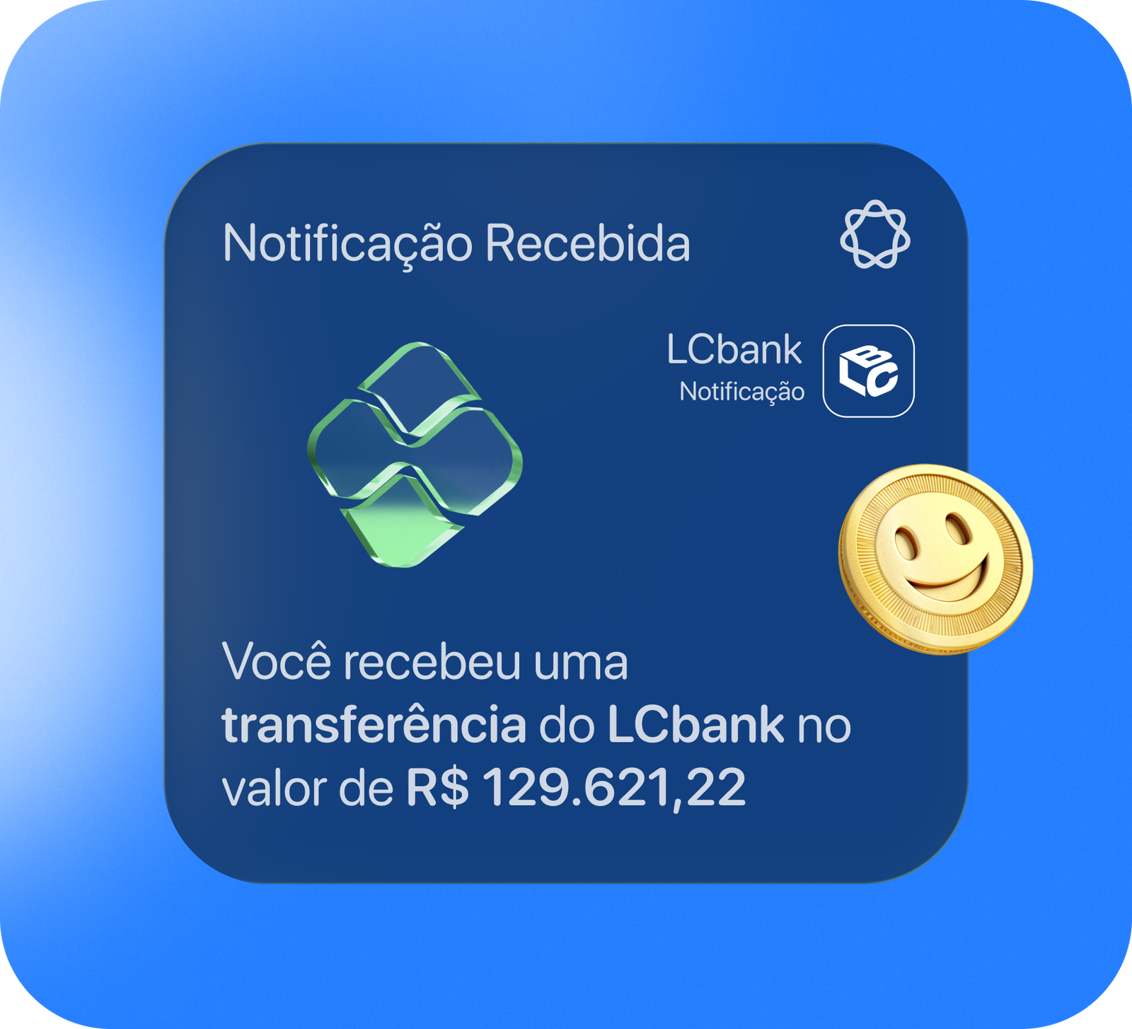 Notificação de transferência recebida no LCbank no valor de R$ 129.621,22